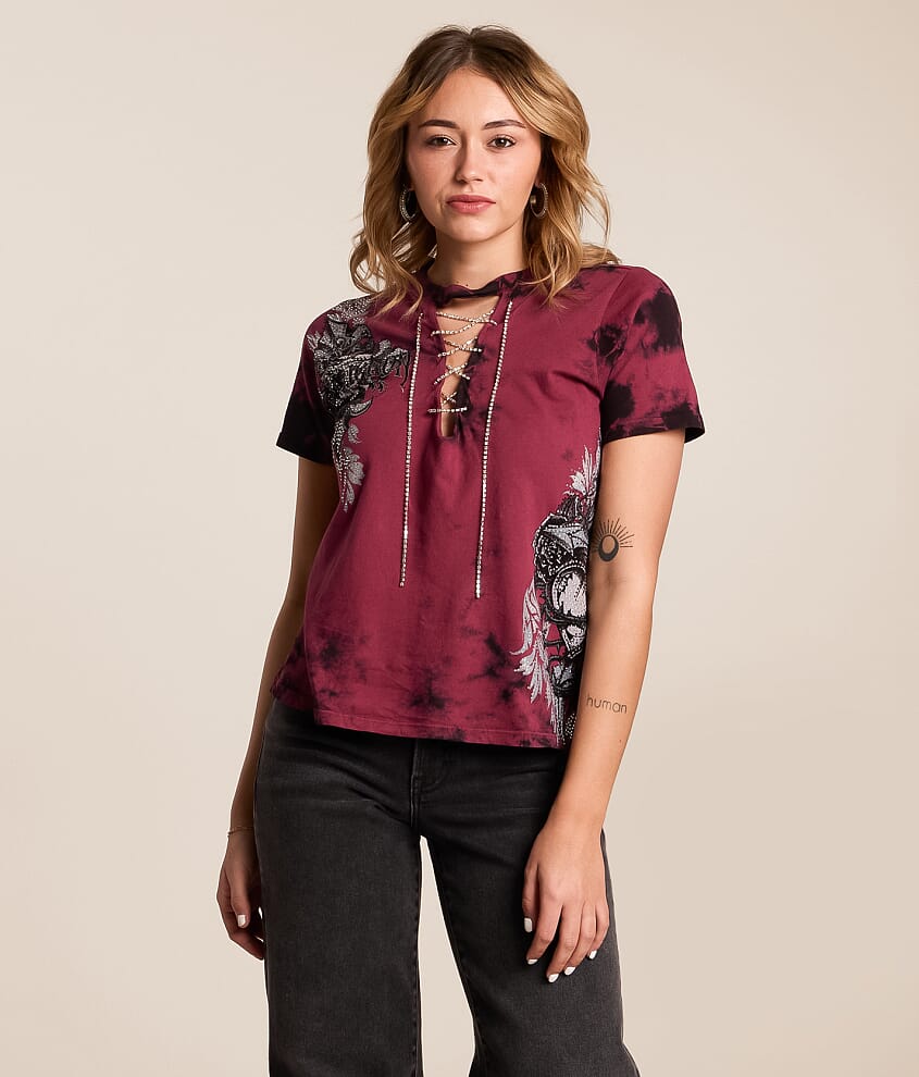 Seductive Rhinestone Lace-Up T-Shirt
