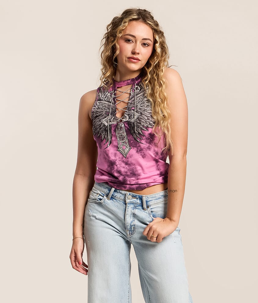 Affliction Jovial Rhinestone Lace-Up Tank Top - Women's Tank Tops