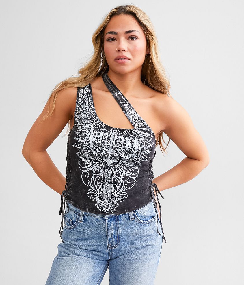 Affliction Lorielle One Shoulder Tank Top front view