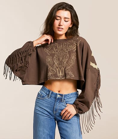 Affliction Crystal Canyon Cropped Fringe T-Shirt front view