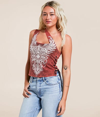 Affliction Lorielle One Shoulder Cropped Tank Top front view