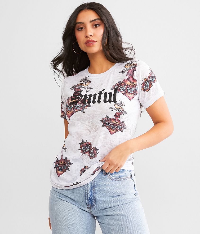 Sinful Sacred Heart Roses T-Shirt front view