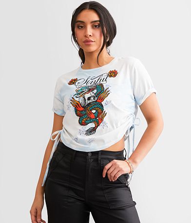 Sinful Dragon Fire Skull Cropped T-Shirt front view