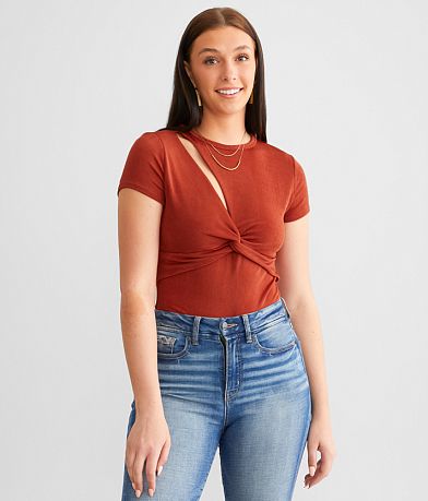 red by BKE Twisted Cut-Out Bodysuit front view