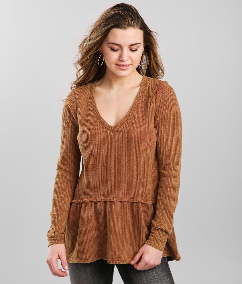 Gilded Intent Waffle Knit Peplum Top Women's Shirts/Blouses in Rust