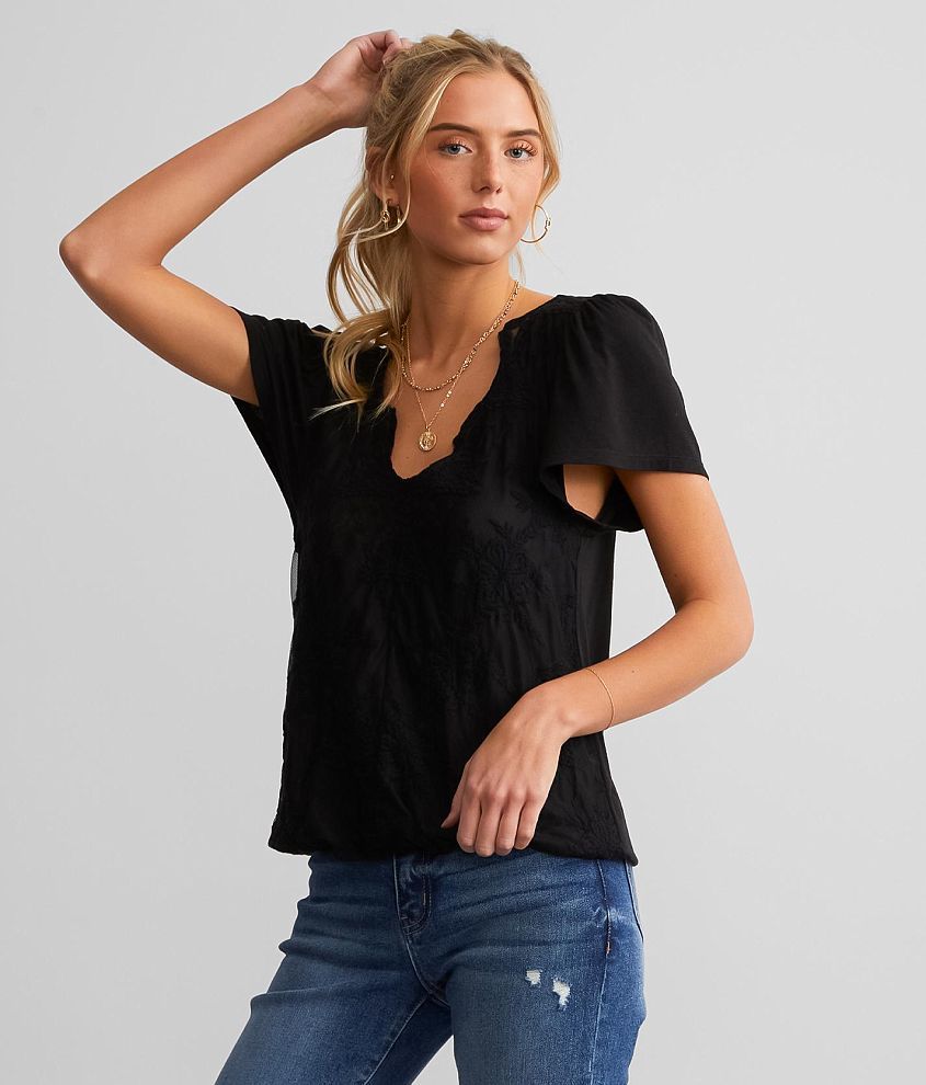 Daytrip Embroidered Mesh Overlay Top front view