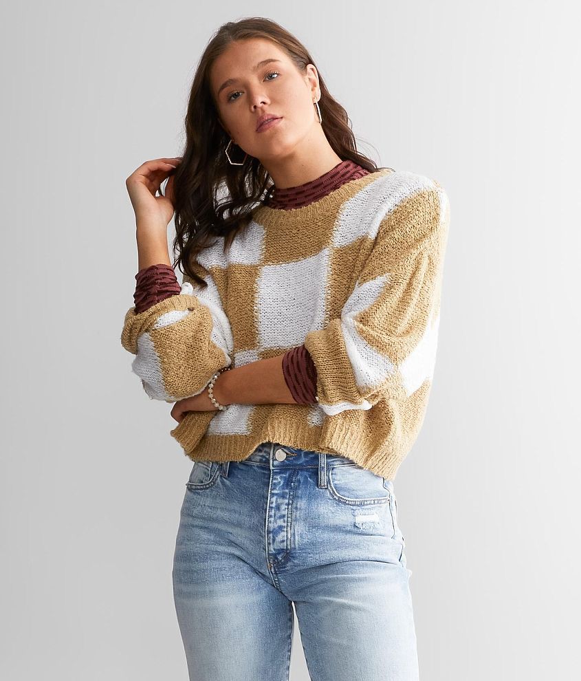 Gilded Intent Checkered Boxy Cropped Sweater front view