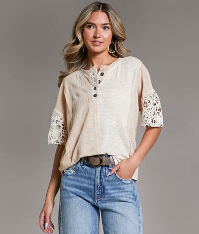 BKE Pieced Crochet Henley front view