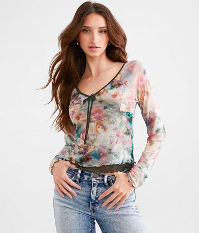 Willow & Root Floral Mesh Layered Crop Top front view