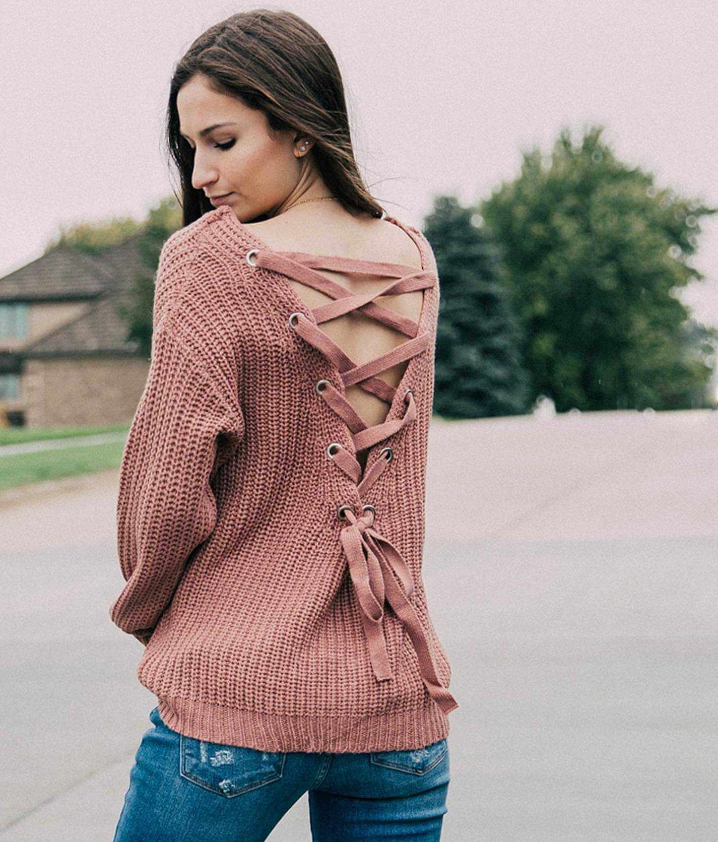 Love @ First Sight Lace-Up Back Sweater ...