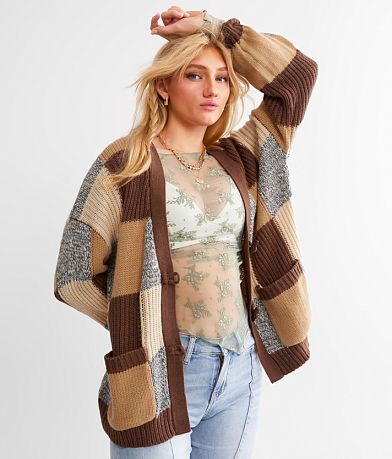 BKE Checkered Cardigan Sweater front view
