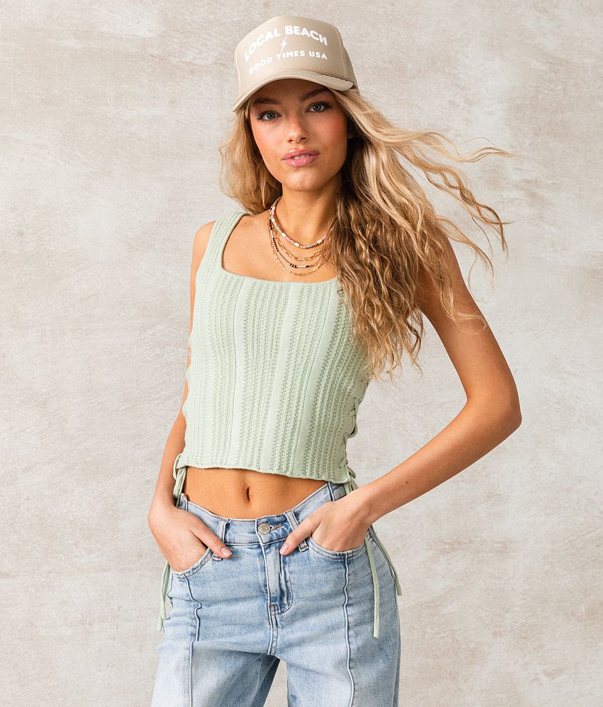 33 Coastal Lace-Up Cropped Sweater Tank Top