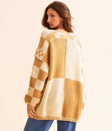 BKE Checker Oversized Cardigan Sweater back view