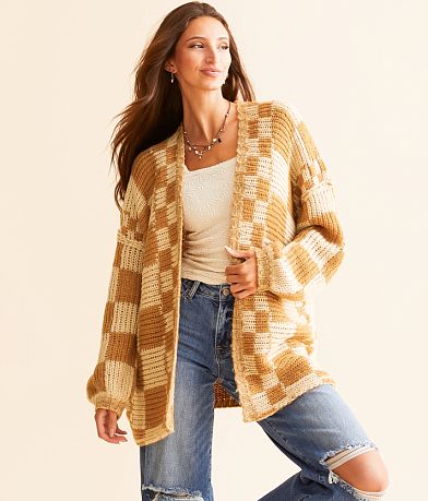 BKE Checker Oversized Cardigan Sweater front view