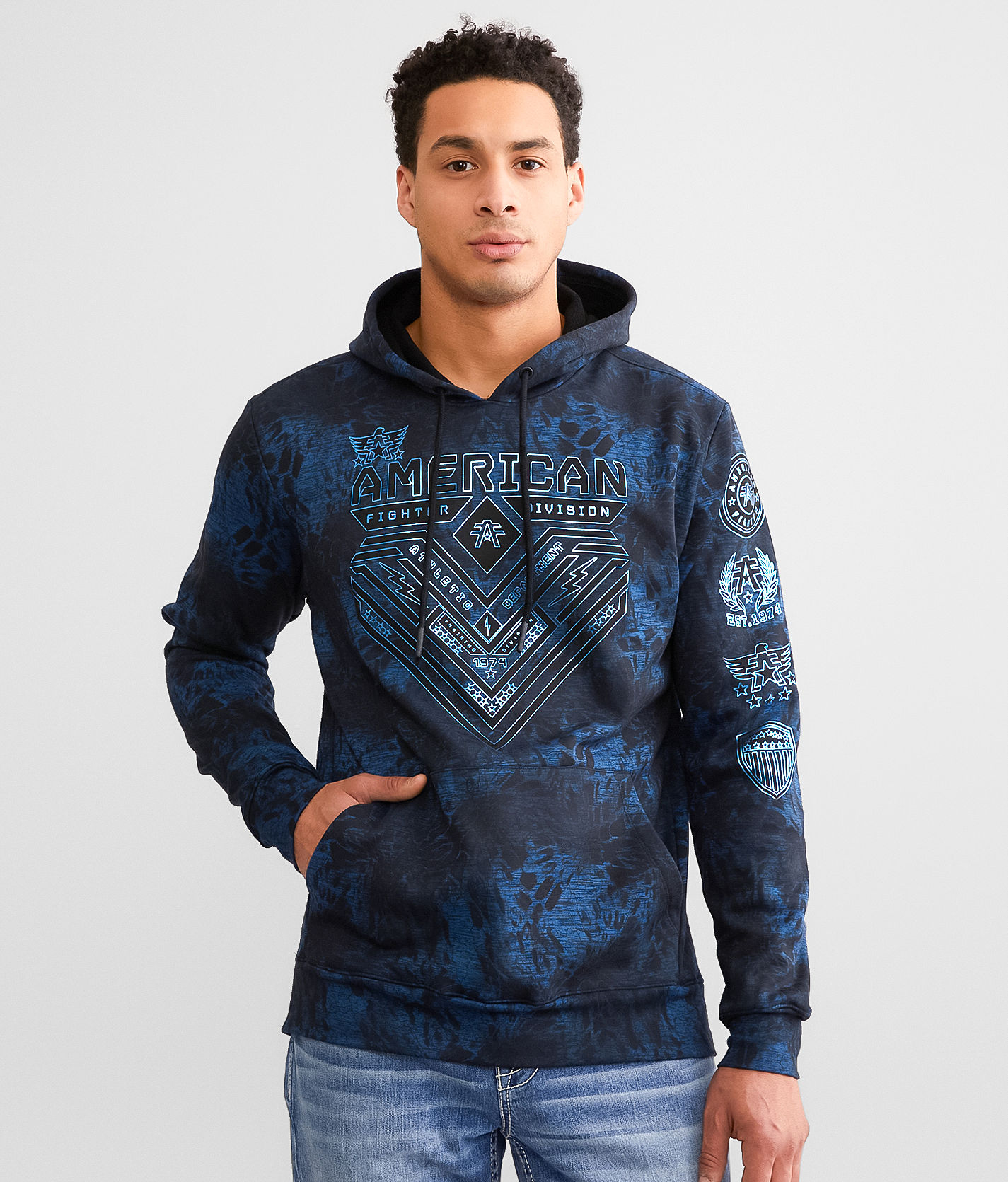 American Fighter Mens Acid Blue Black Wolf Lake Streetwear Hoodie  Sweatshirt M