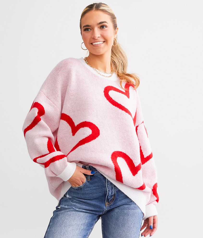 Love Pink Heart Sweater - Sweaters