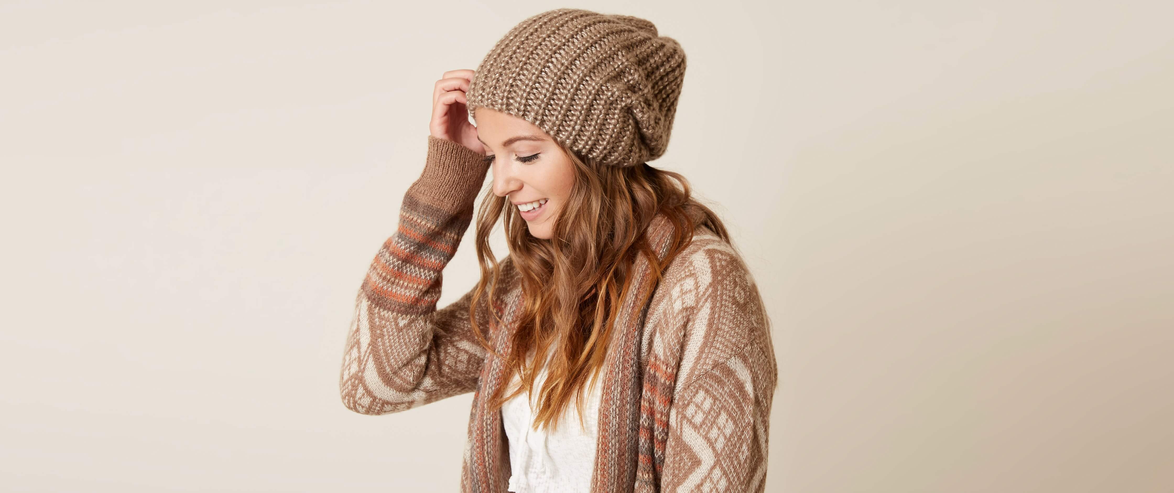 Slouchy Beanie Women's Hats in Taupe Buckle