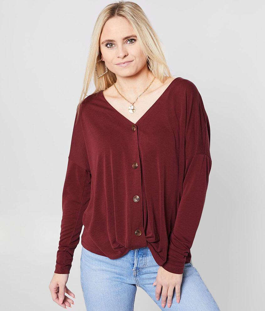 Image of Daytrip Button Down V-Neck Twisted Hem Top