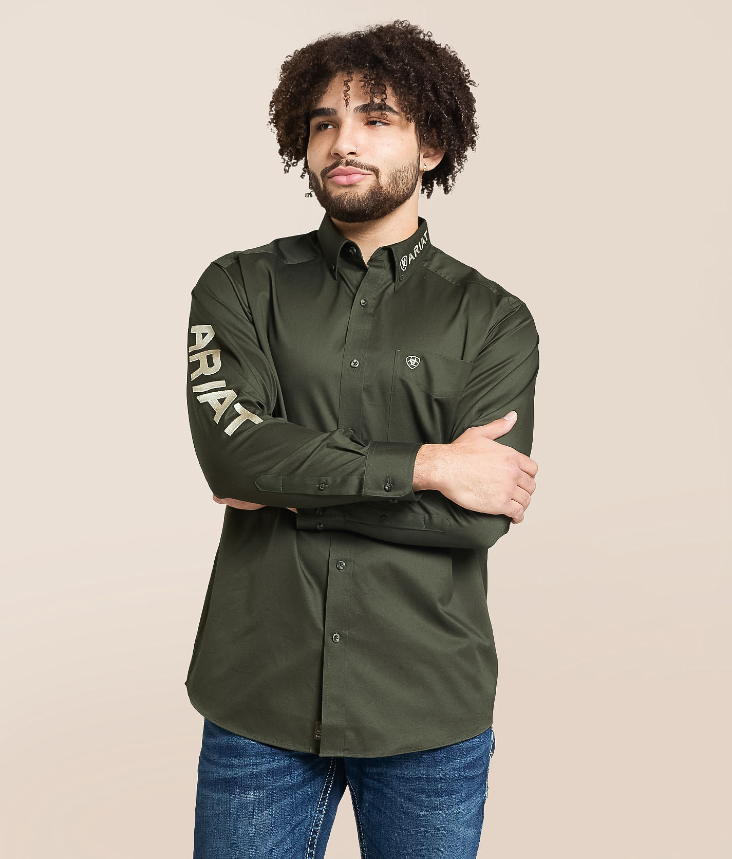 Ariat Men's Team Logo Twill Olive & Khaki Button Down Shirt 10065845 L