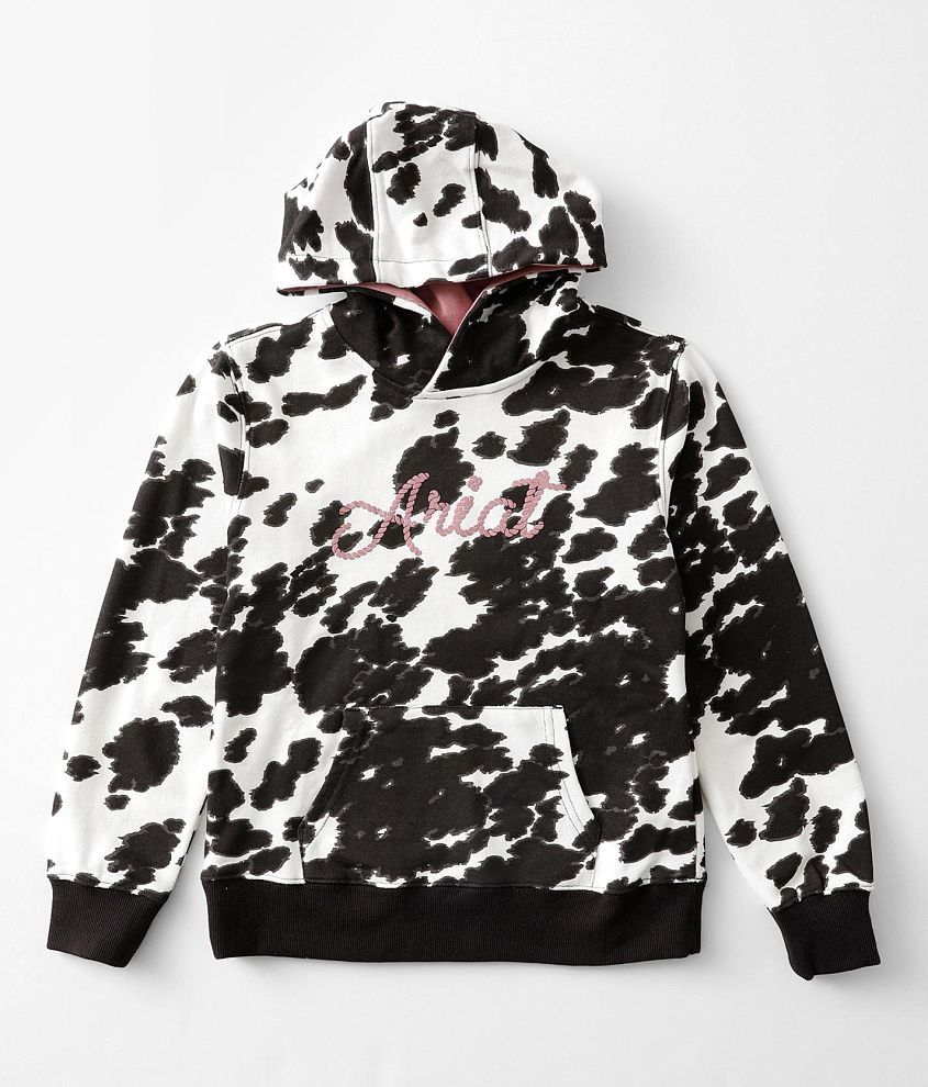 Girls - Ariat Cow Print Hooded Sweatshirt front view