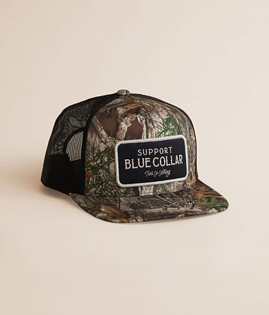 Troll Co Support Blue Collar Real Tree Barricade Trucker Hat front view