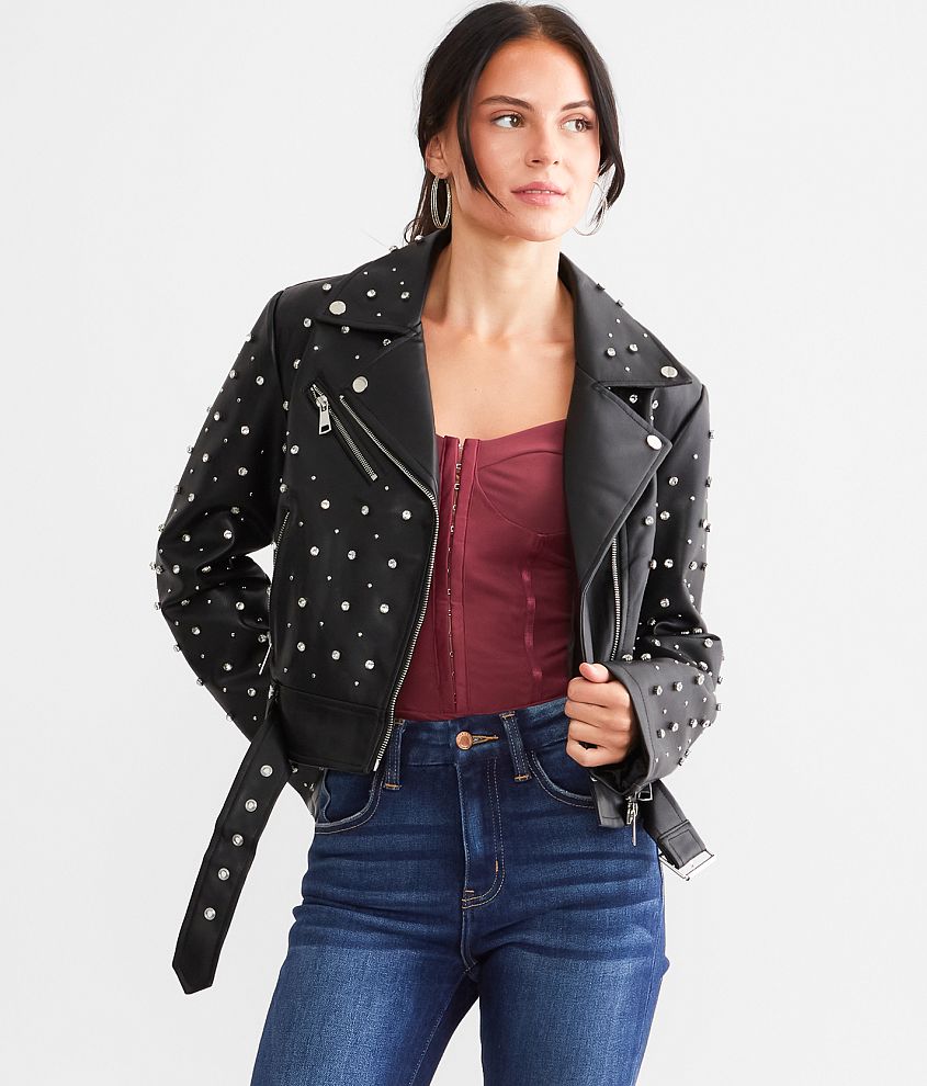 Black cropped outlet faux leather jacket