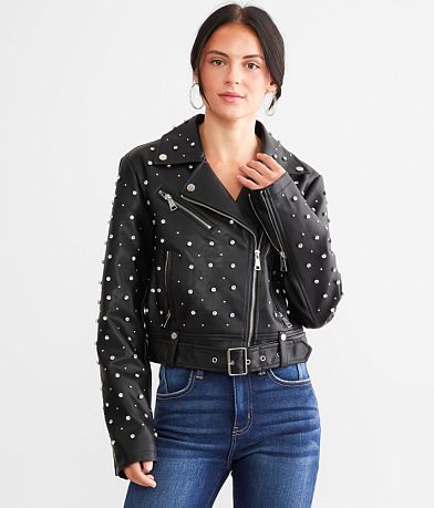 Azalea Wang Glitz Cropped Faux Leather Jacket full right side view