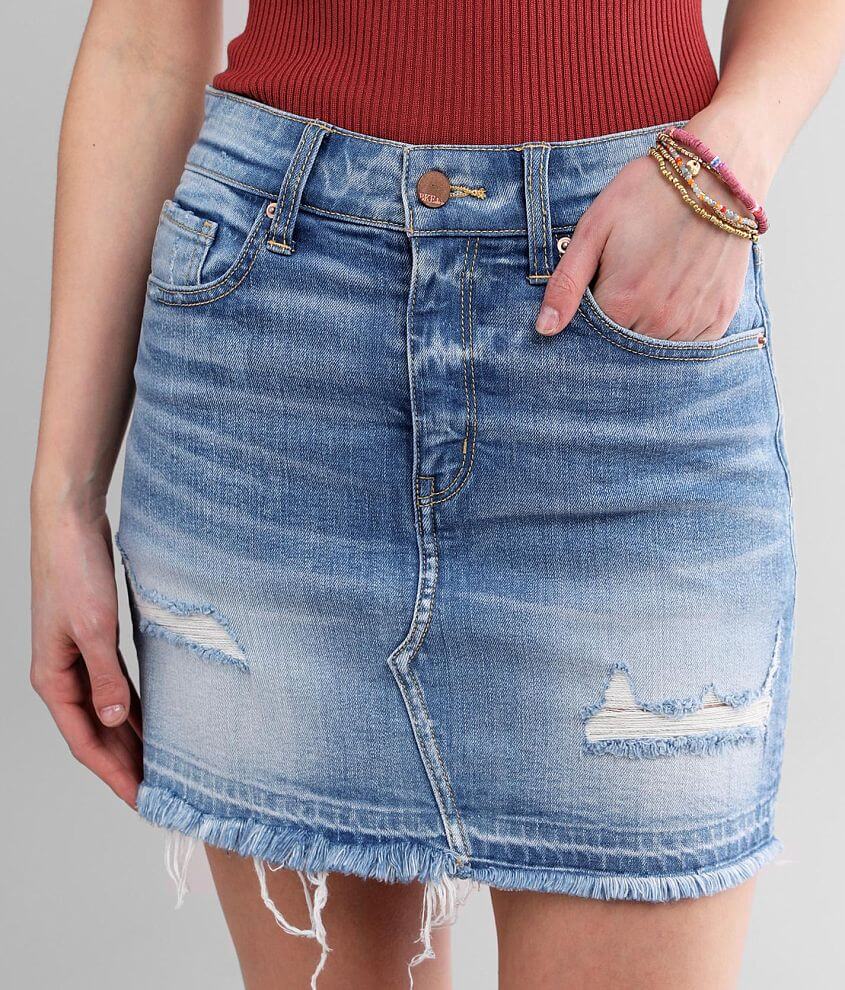 BKE Frayed Denim Stretch Skirt front view