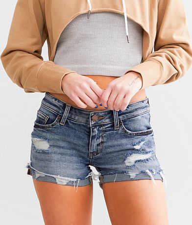 Women's Denim Ultra-Short Shorts - Front Button Closure / Metal