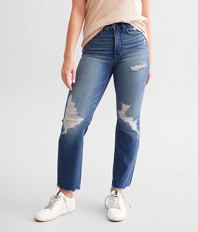 Raw-hem denim straight jeans