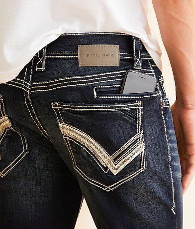 Buckle Black Three Straight Stretch Jean back pocket view