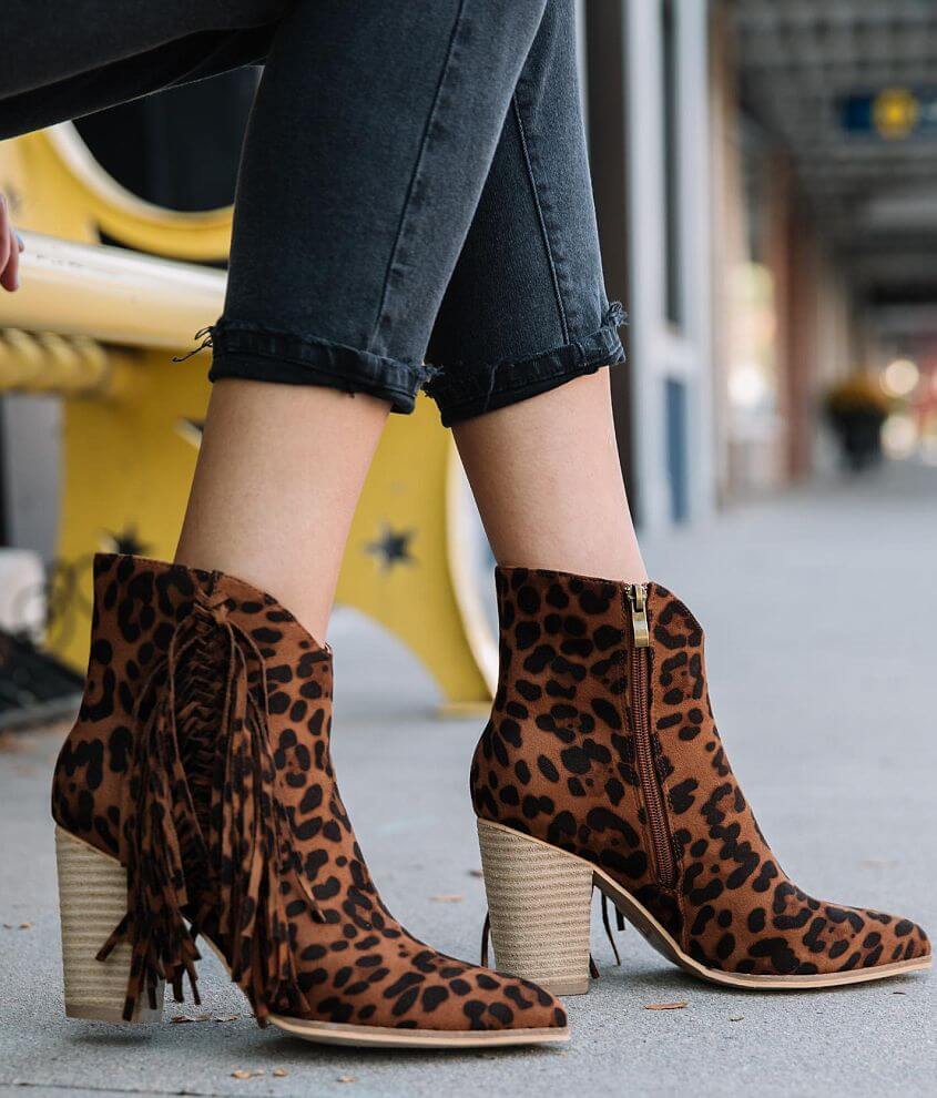 Beast Fashion Jackie Leopard Fringe Ankle Boot front view