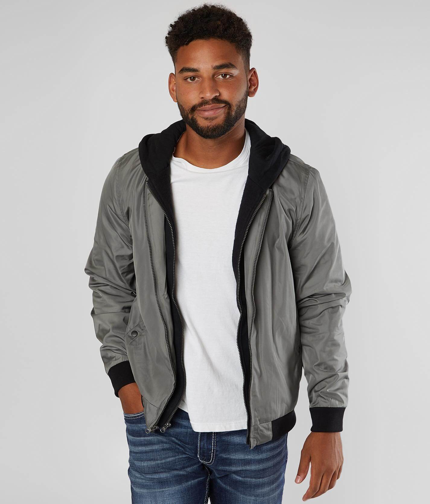 grey hooded bomber jacket