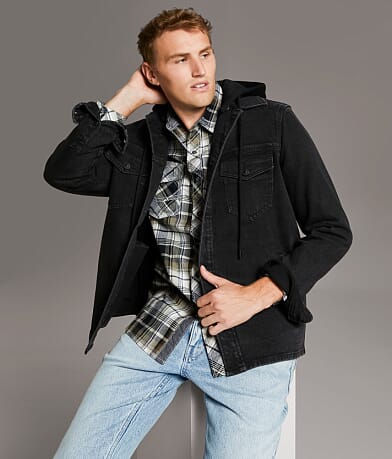 BKE Bradley Hooded Denim Stretch Shacket front view