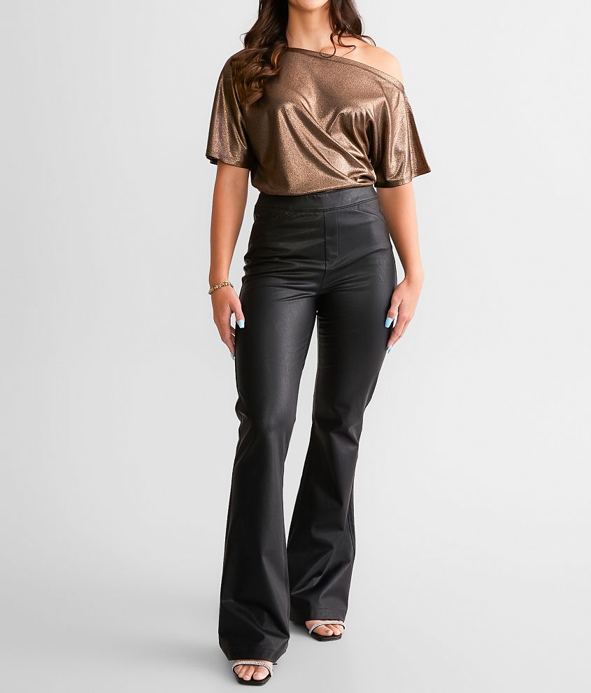 Buckle Black Pull On Flare Pleather Stretch Pant front view