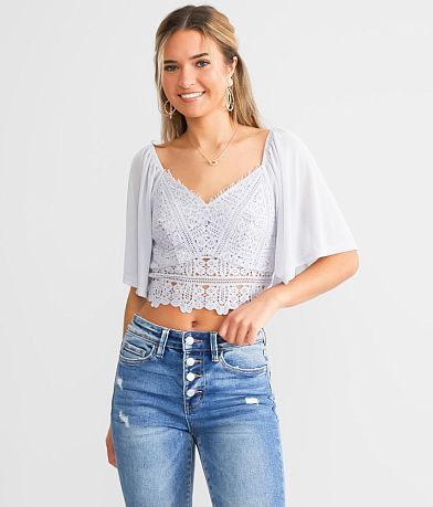 Willow &amp; Root Eyelash Crochet Cropped Top full left side view