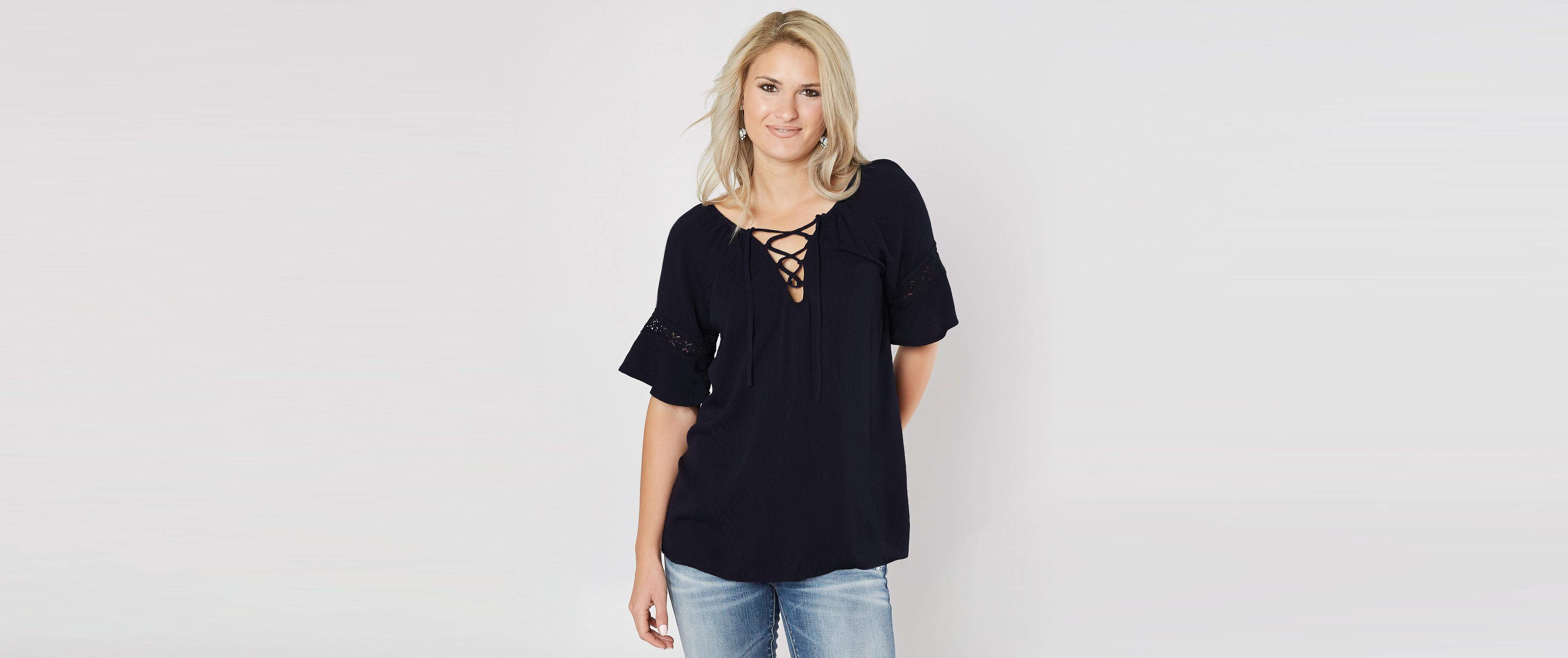 Daytrip Woven Top Women's Shirts/Blouses in Navy Tobacco Buckle