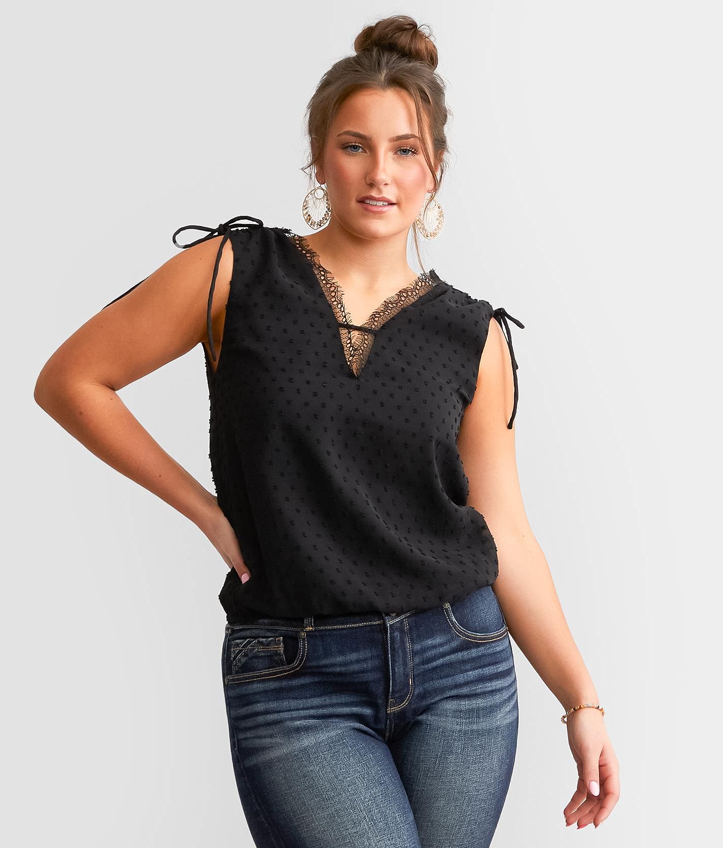 Women's Textured Tie-Front Tank Top - A New Day™ Black L