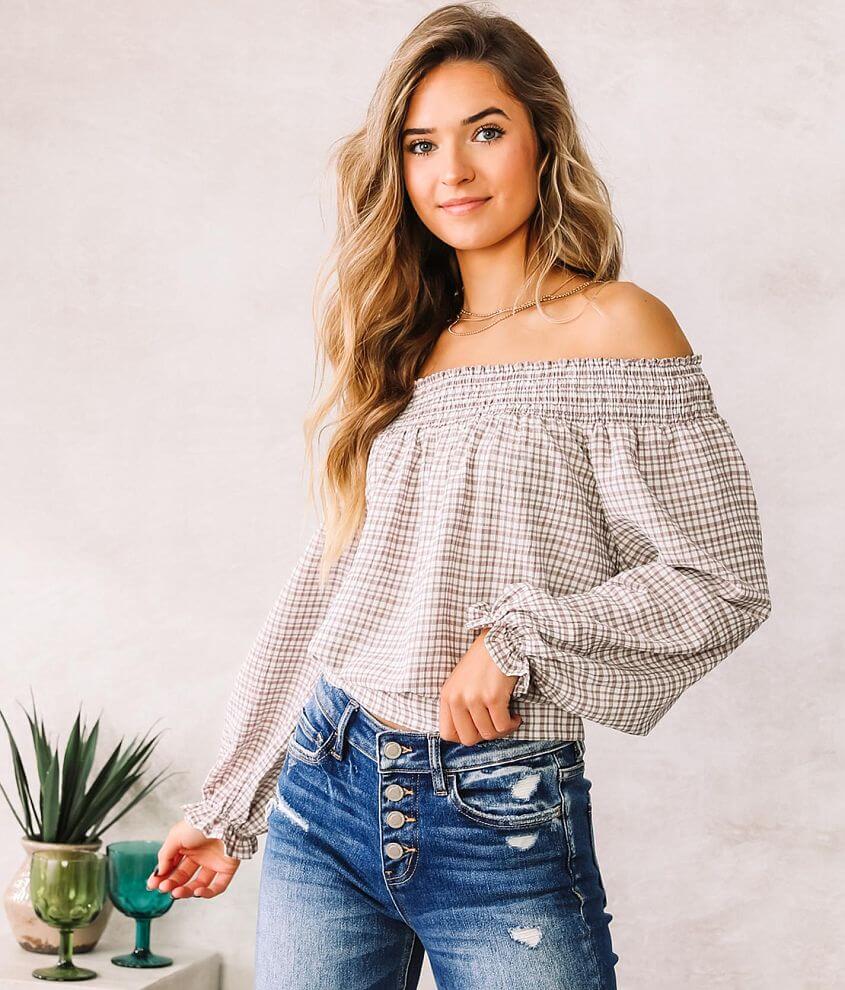 Willow &#38; Root Off The Shoulder Gingham Top front view