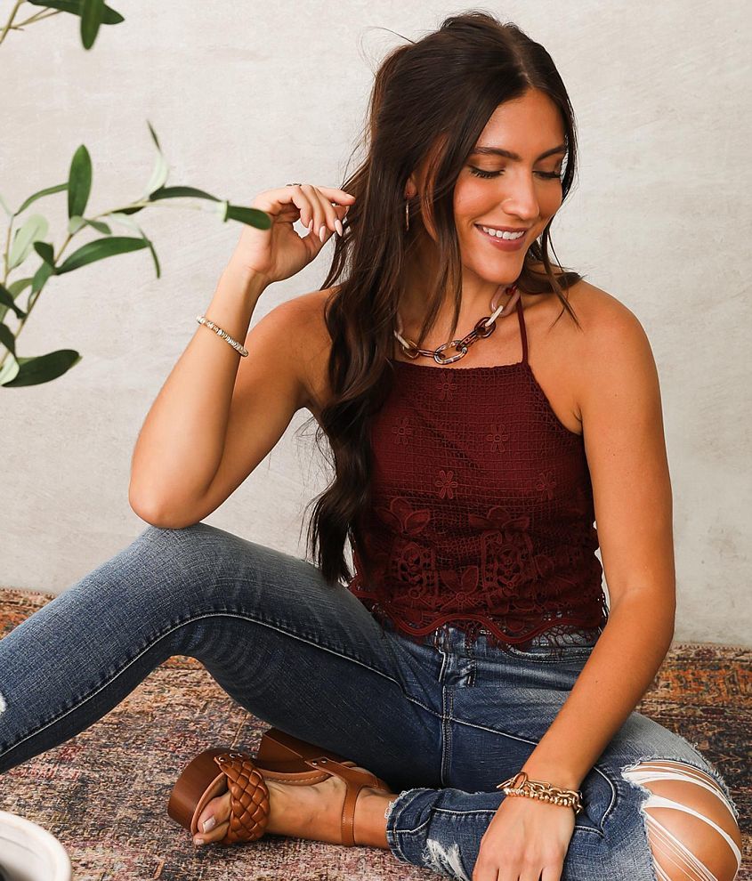 Willow & Root Eyelash Lace Halter Tank Top - Women's Tank Tops in Madder  Brown