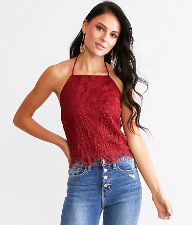 Willow & Root Floral Eyelash Crochet Halter Tank Top front view