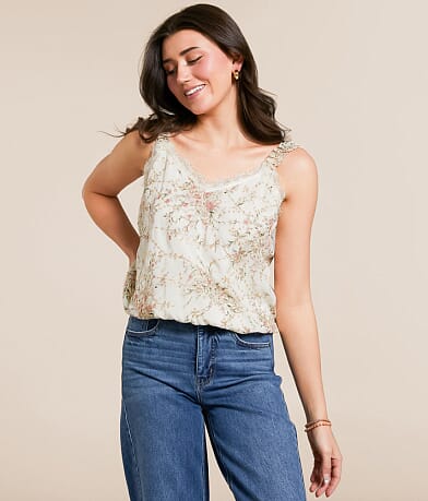 Daytrip Metallic Embroidered Floral Chiffon Tank Top front view