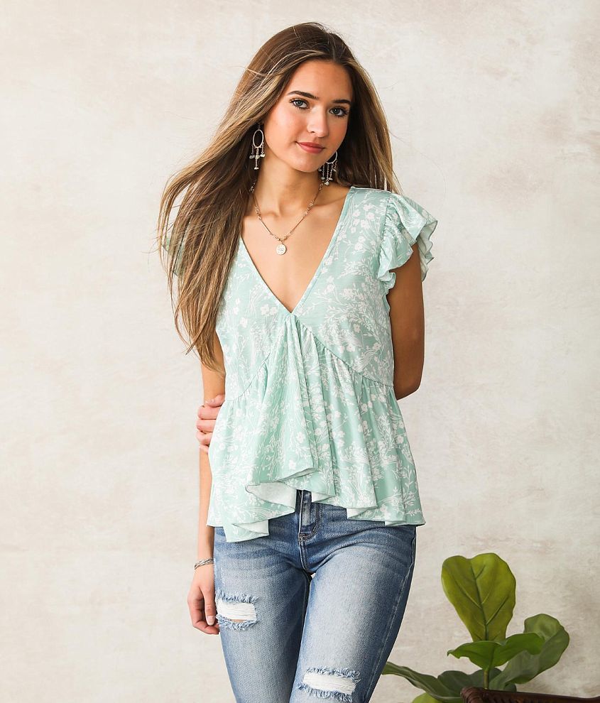 Willow & Root Floral Chiffon Top - Women's Shirts/Blouses in Blue Grey