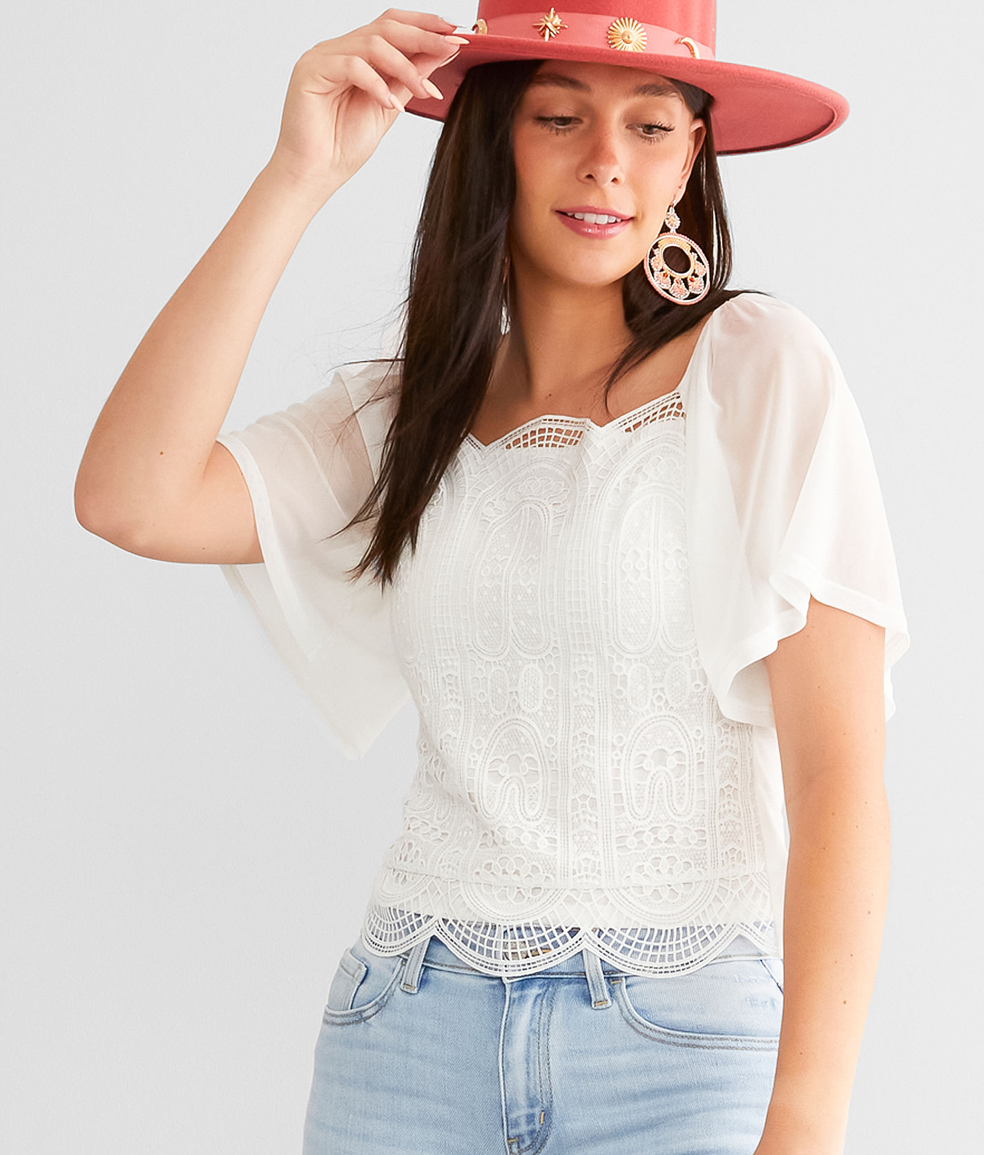 Willow & Root Scalloped Crochet Square Neck Top - Women's Shirts
