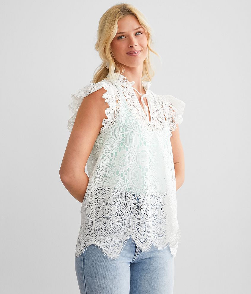 Willow &#38; Root Eyelash Crochet Ruffle Top front view