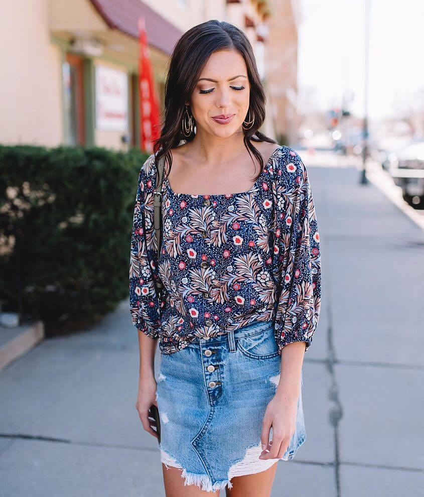 Stylish Navy Floral Square Neck Top