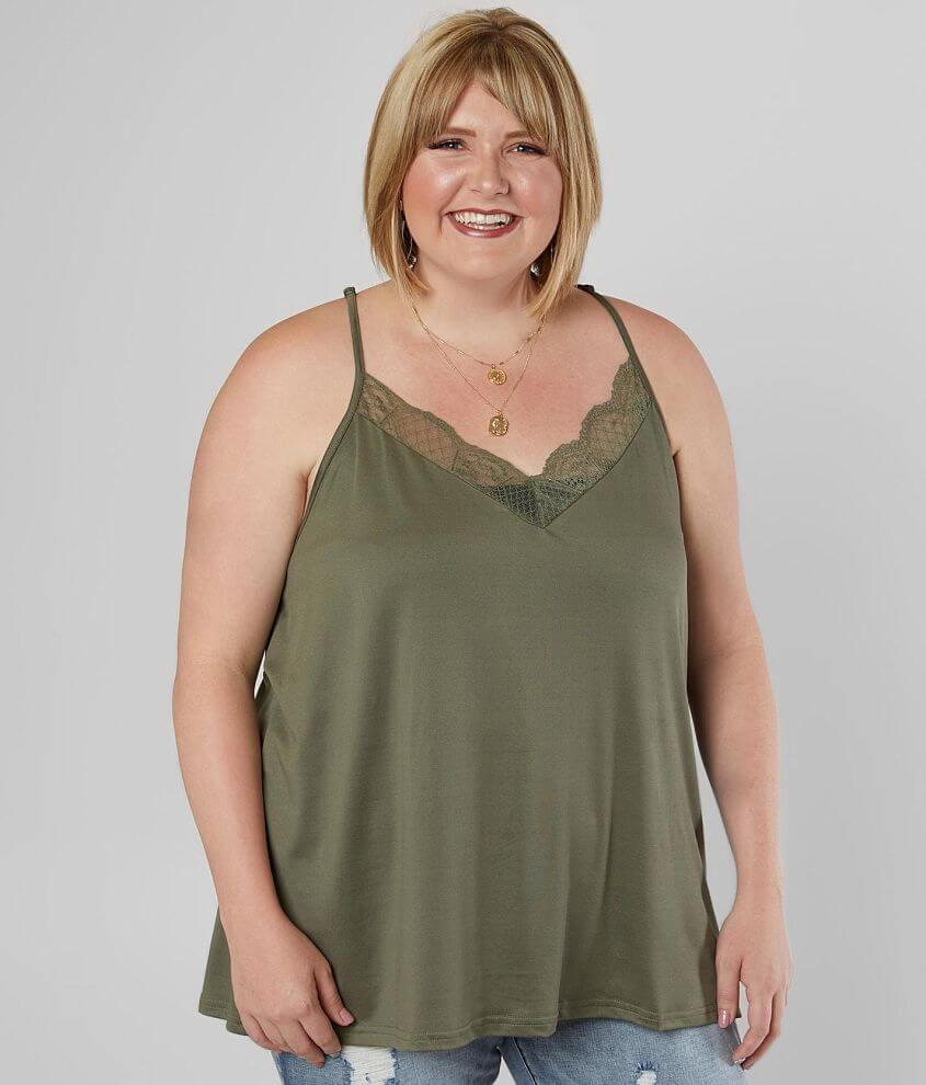 Daytrip Lace V-Neck Tank Top - Plus Size - Women's Tank Tops in Deep Lichen Green | Buckle