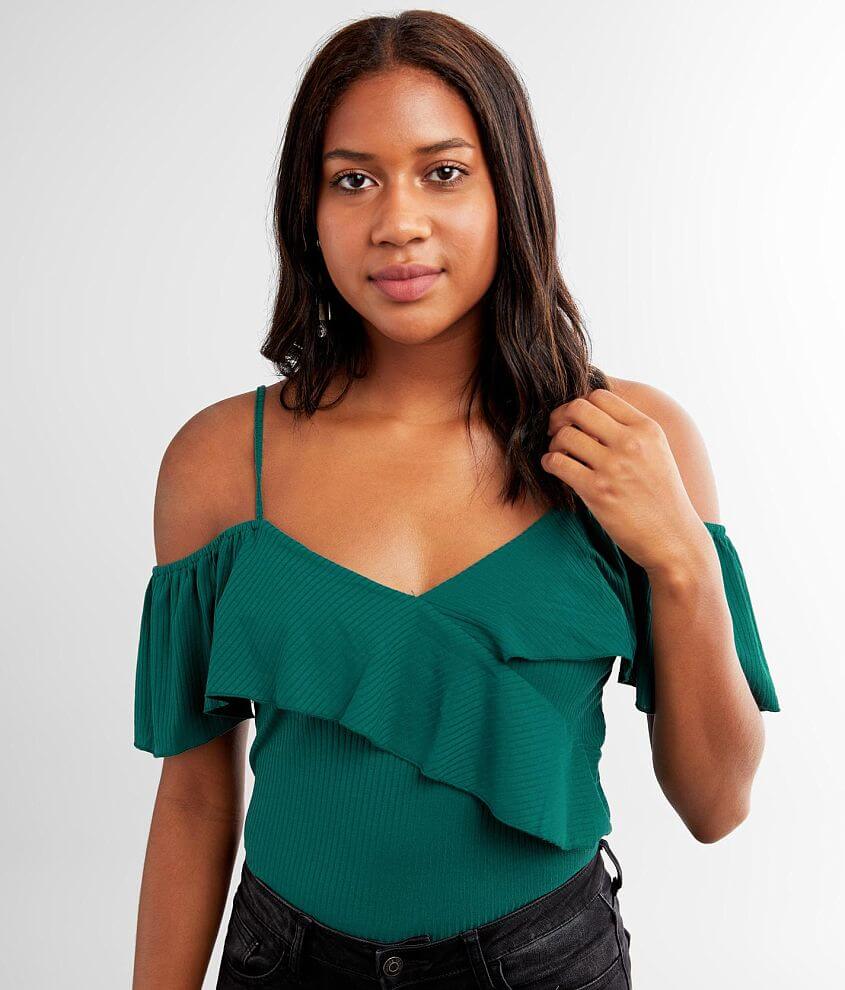 Willow &#38; Root Cold Shoulder Ribbed Top front view