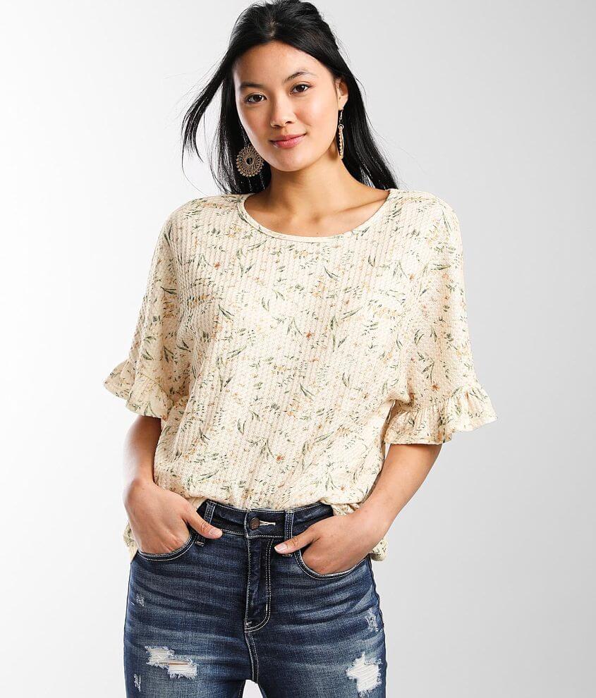 Daytrip Floral Boxy Waffle Knit Top Women's Shirts/Blouses in Cream