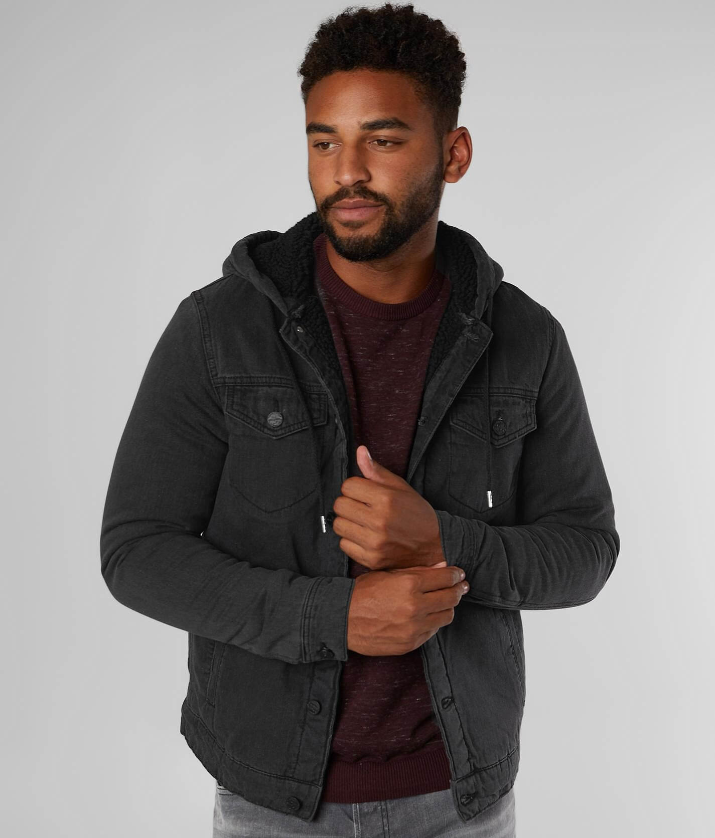 black denim with grey hooded jacket